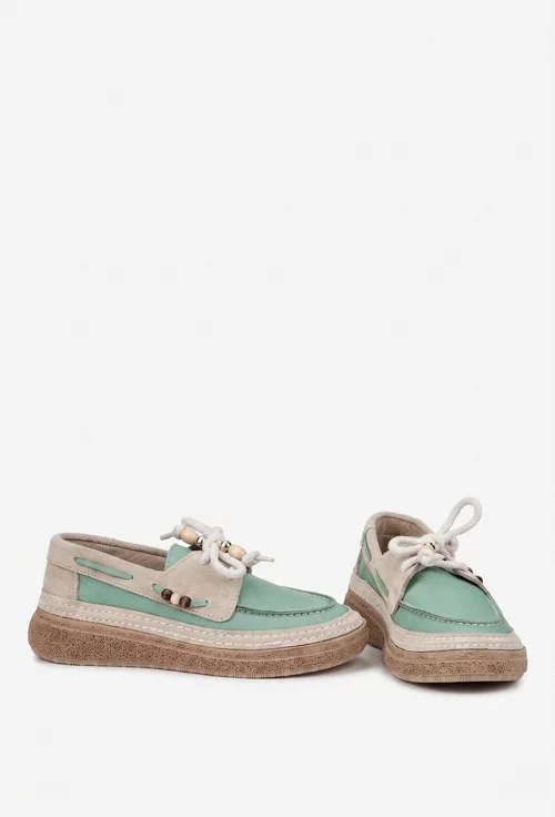 Pantofi dama din piele verde cu bej