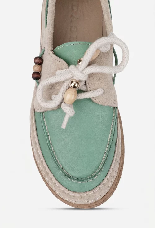 Pantofi dama din piele verde cu bej