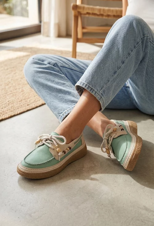 Pantofi dama din piele verde cu bej picture - 2