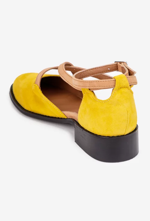 Pantofi dama galbeni din piele intoarsa cu barete maro