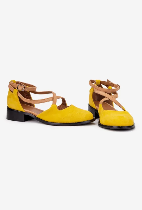 Pantofi dama galbeni din piele intoarsa cu barete maro