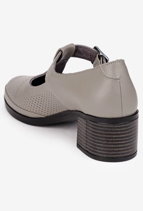 Pantofi dama grej din piele cu perforatii fine si bareta