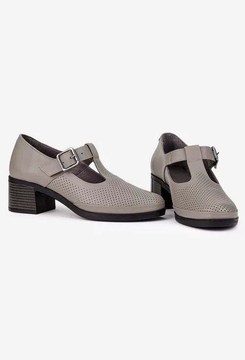 Pantofi dama grej din piele cu perforatii fine si bareta