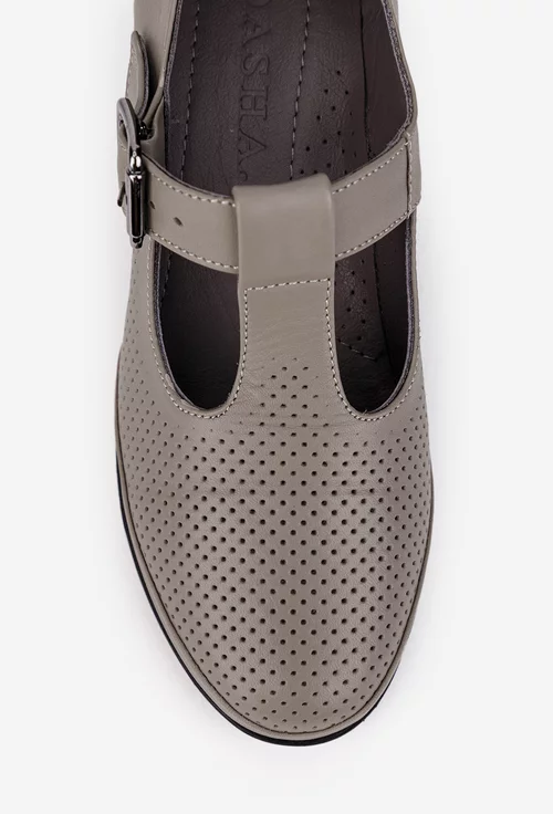 Pantofi dama grej din piele cu perforatii fine si bareta