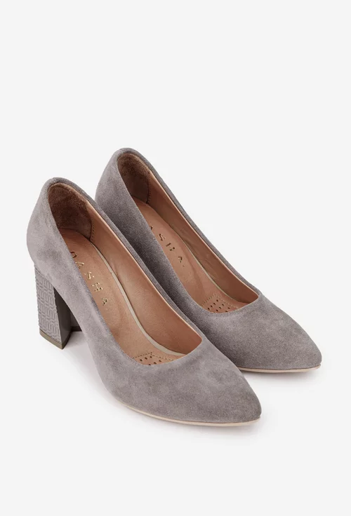 Pantofi dama grej din piele intoarsa cu toc deosebit