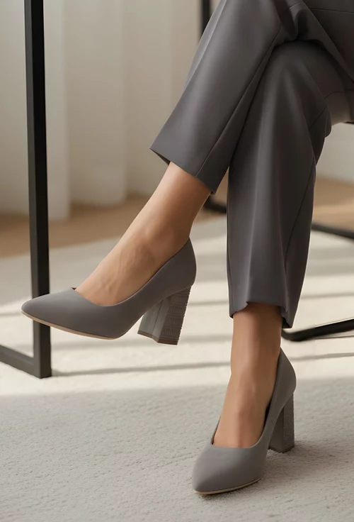 Pantofi dama grej din piele intoarsa cu toc deosebit