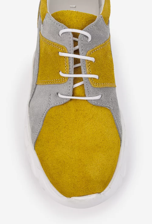 Pantofi dama gri cu galben din piele intoarsa