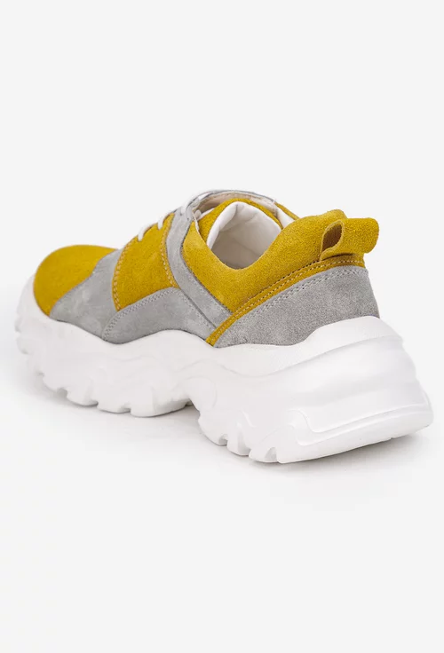 Pantofi dama gri cu galben din piele intoarsa