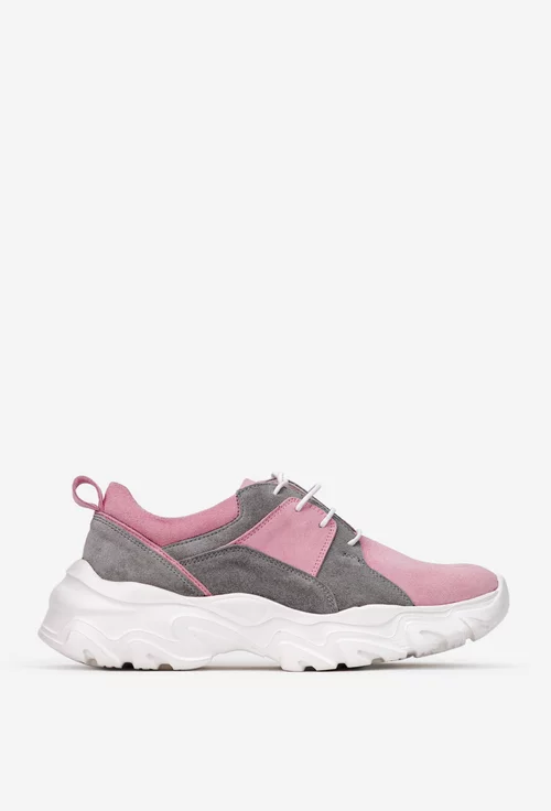 Pantofi dama gri cu roz din piele intoarsa