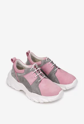 Pantofi dama gri cu roz din piele intoarsa