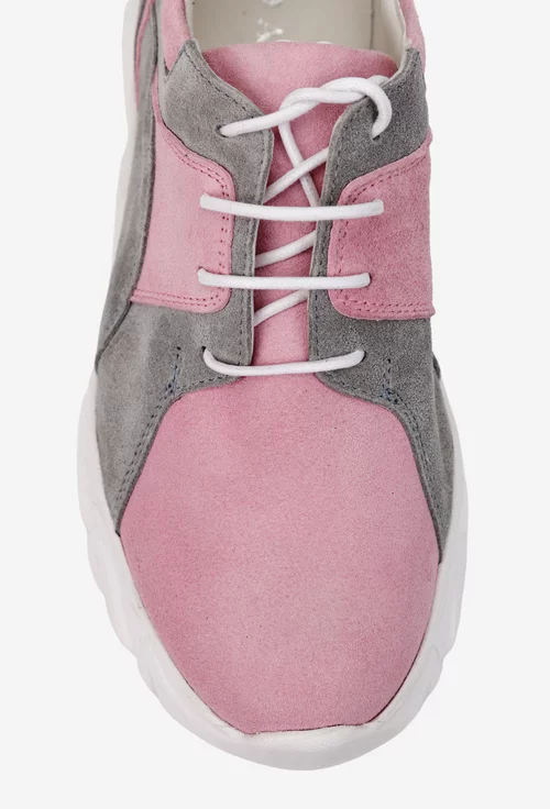 Pantofi dama gri cu roz din piele intoarsa