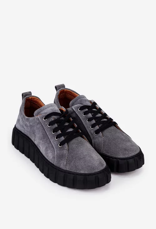 Pantofi dama gri din piele intoarsa cu siret