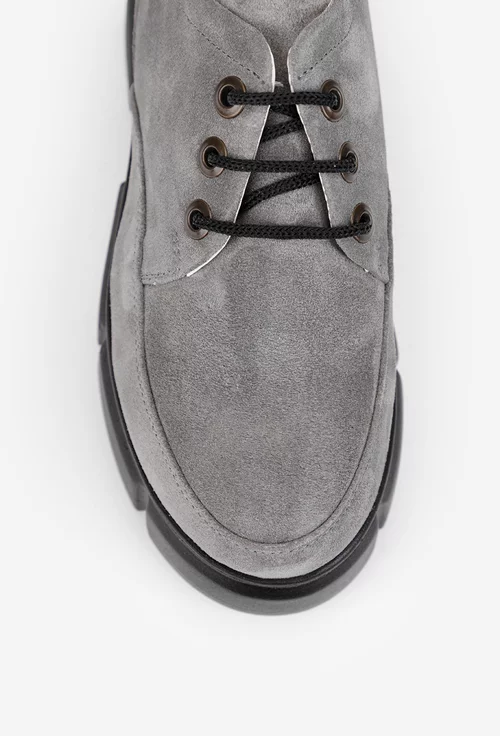 Pantofi dama gri din piele intoarsa cu siret