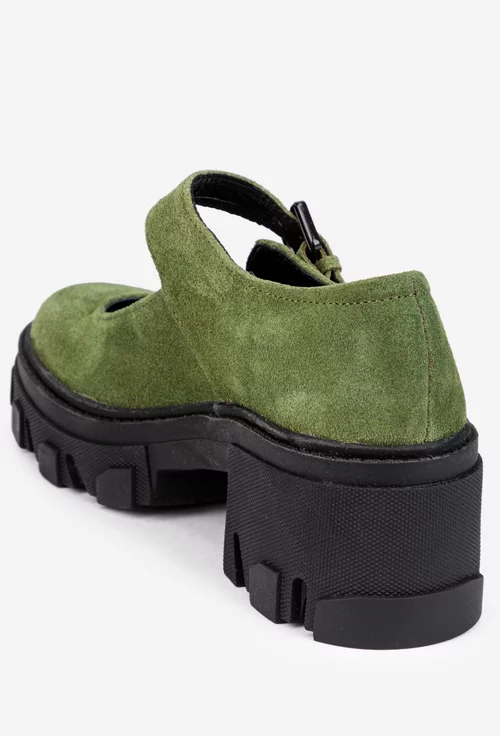 Pantofi dama kaki din piele intoarsa cu bareta
