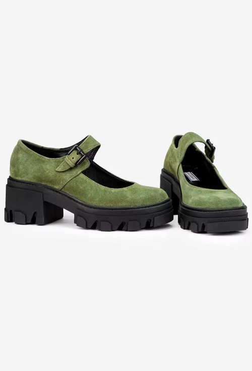 Pantofi dama kaki din piele intoarsa cu bareta
