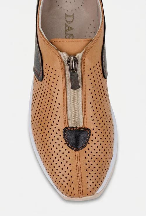 Pantofi dama maro cu negru din piele cu fermoar