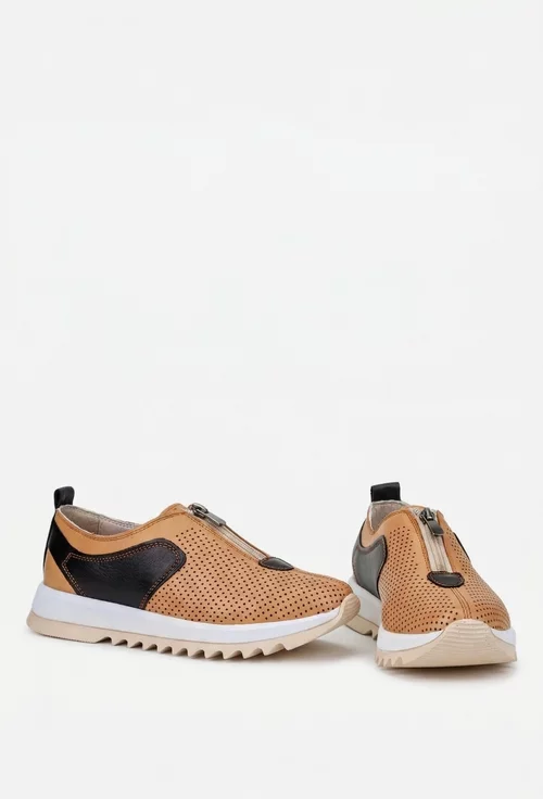 Pantofi dama maro cu negru din piele cu fermoar