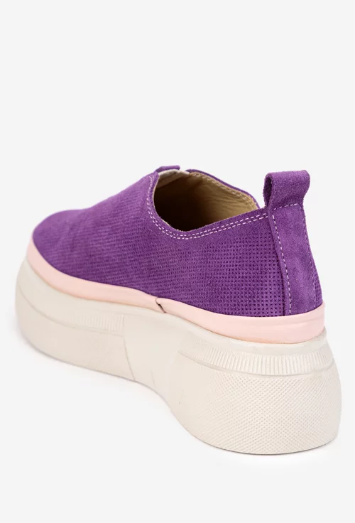 Pantofi dama mov din piele intoarsa cu aspect perforat
