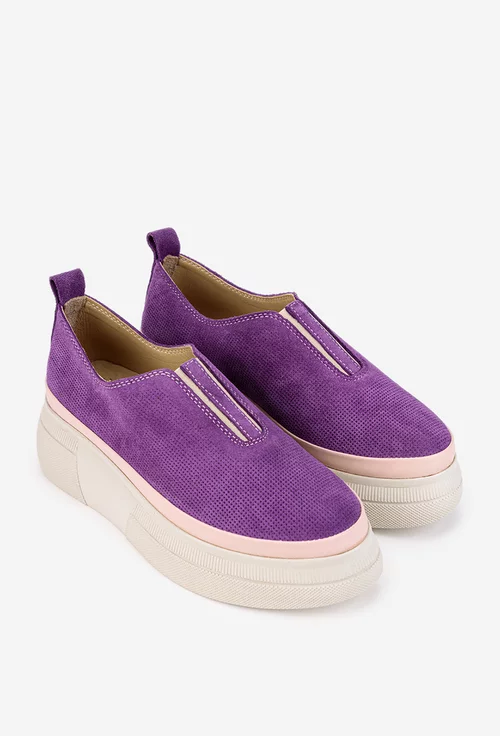 Pantofi dama mov din piele intoarsa cu aspect perforat