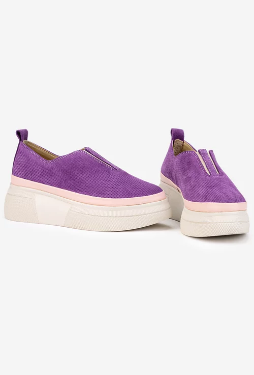 Pantofi dama mov din piele intoarsa cu aspect perforat