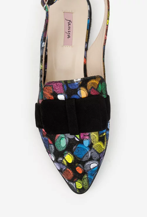 Pantofi dama multicolori din piele cu funda neagra