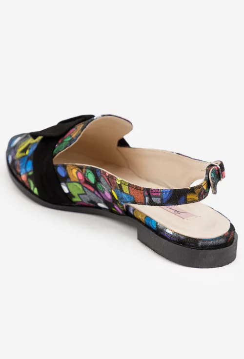 Pantofi dama multicolori din piele cu funda neagra