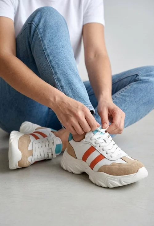 Pantofi dama multicolori din piele cu siret