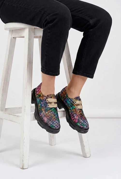 Pantofi dama multicolori din piele naturala cu siret