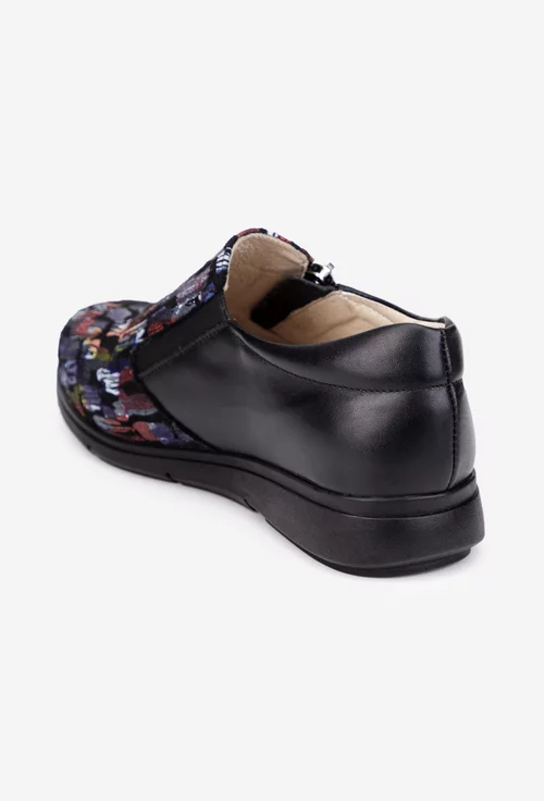 Pantofi dama negri cu detalii multicolore din piele naturala