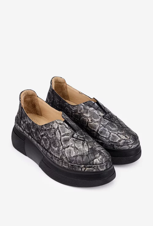 Pantofi dama negri cu imprimeu din piele naturala cu talpa inalta