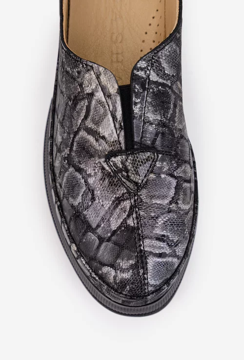 Pantofi dama negri cu imprimeu din piele naturala cu talpa inalta