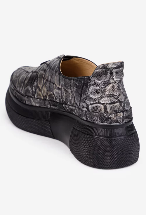 Pantofi dama negri cu imprimeu din piele naturala cu talpa inalta