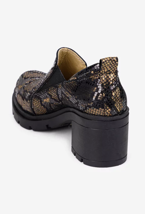 Pantofi dama negri cu model auriu din piele cu elastic in laterale