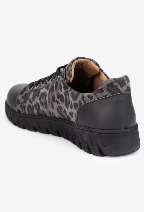 Pantofi dama negri din piele cu detalii animal print