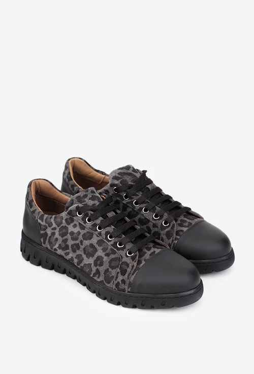 Pantofi dama negri din piele cu detalii animal print