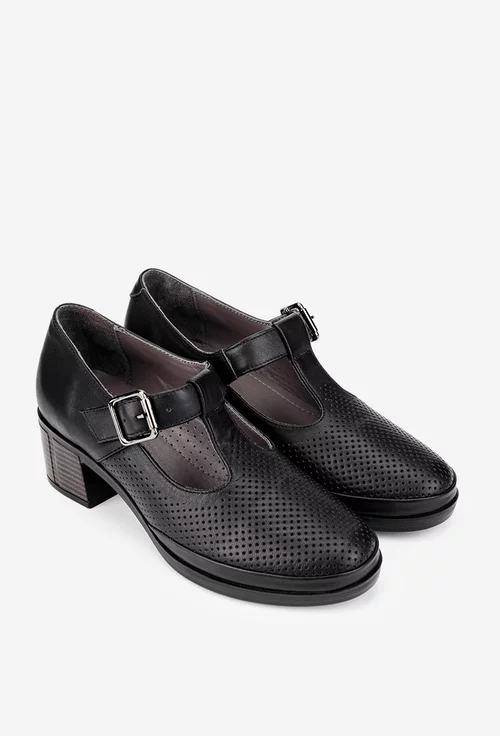 Pantofi dama negri din piele cu perforatii fine si bareta