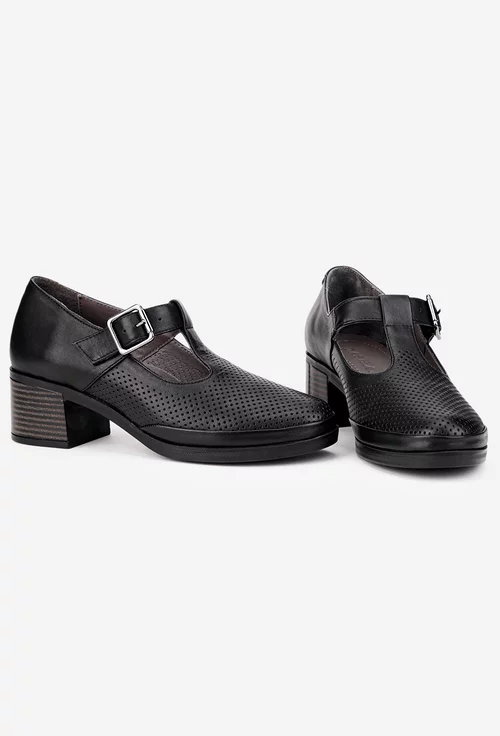 Pantofi dama negri din piele cu perforatii fine si bareta