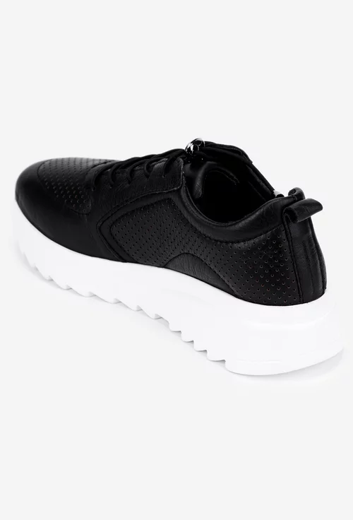 Pantofi dama negri din piele cu siret elastic si talpa alba