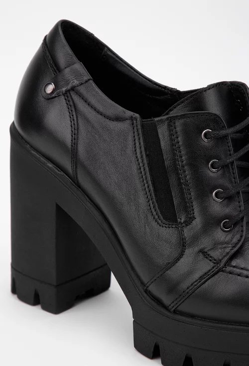 Pantofi dama negri din piele cu siret si elastic in laterale