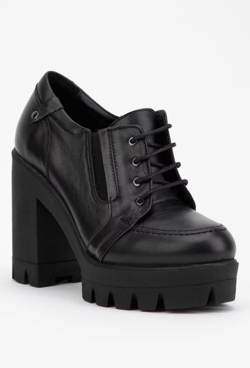 Pantofi dama negri din piele cu siret si elastic in laterale