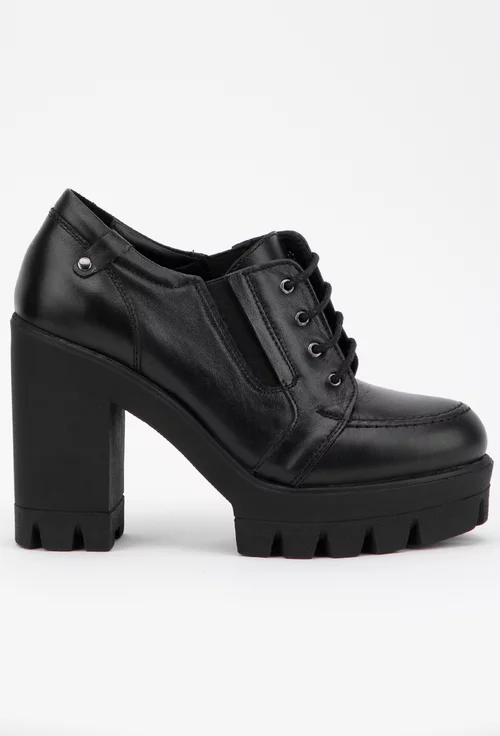 Pantofi dama negri din piele cu siret si elastic in laterale