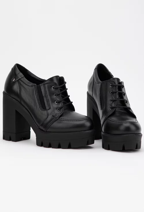 Pantofi dama negri din piele cu siret si elastic in laterale