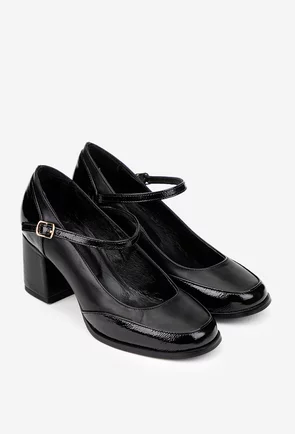 Pantofi dama negri din piele cu toc si bareta