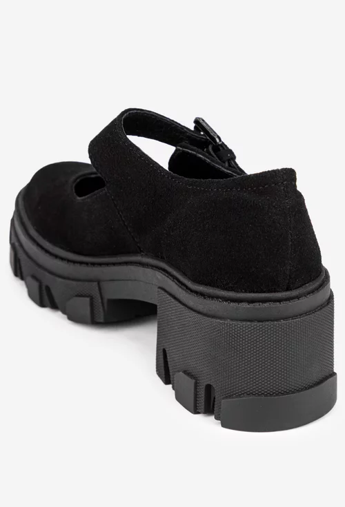 Pantofi dama negri din piele intoarsa cu bareta