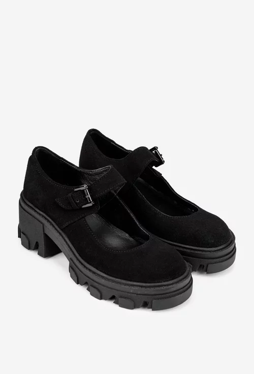 Pantofi dama negri din piele intoarsa cu bareta