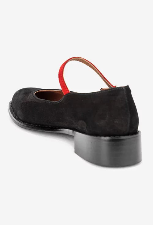 Pantofi dama negri din piele intoarsa cu bareta rosie picture - 3