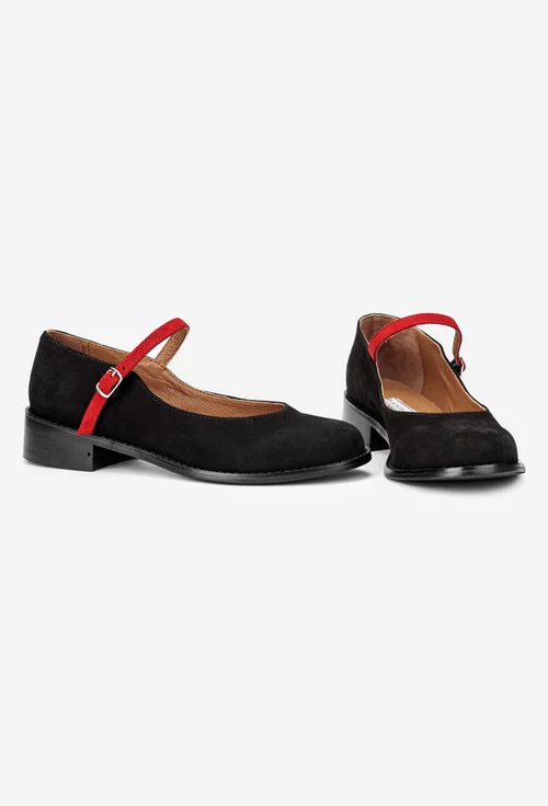 Pantofi dama negri din piele intoarsa cu bareta rosie picture - 5