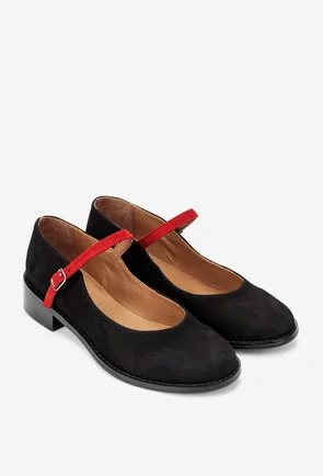Pantofi dama negri din piele intoarsa cu bareta rosie