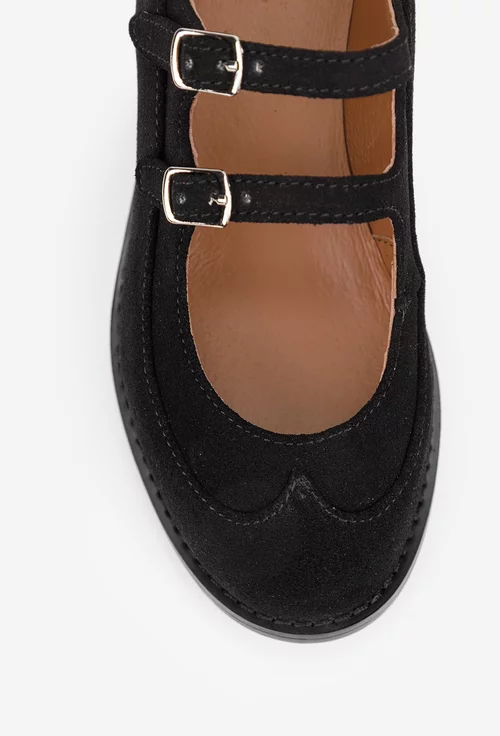 Pantofi dama negri din piele intoarsa cu barete