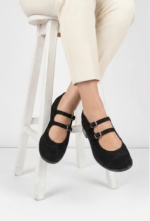 Pantofi dama negri din piele intoarsa cu barete